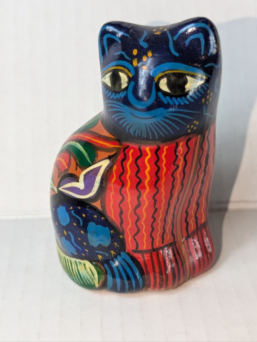 Vintage Mexican Folk Art Hand-Painted Pottery Cat Figurine